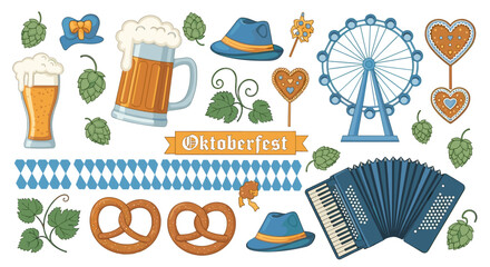 Oktoberfest themed vector illustration featuring beer pretzels and a ferris wheel celebration design