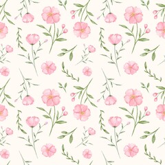 Dainty flower seamless pattern background with delicate watercolor pink blossoms in a vintage, cottagecore aesthetic.