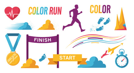 Fototapeta premium Illustration of color run elements including runner, finish line, medal, and start banner design