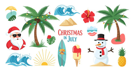Christmas in july themed illustration with santa, snowman, palm trees and summer elements
