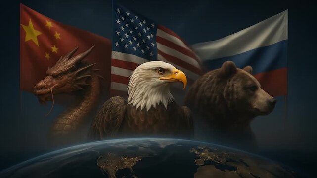 Three powerful symbols of global geopolitics: a bald eagle, a dragon, and a bear, soaring above Earth, alongside Chinese, American and Russian flags, representing the multipolar world order. Animation
