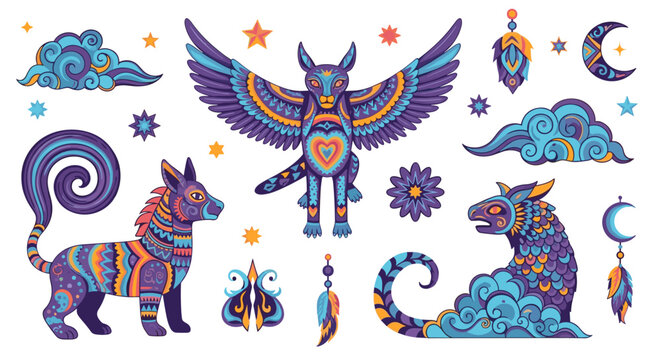 Assortment of colorful alebrijes including winged dog, horse, creature, clouds and celestial objects