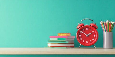 Red alarm clock, stack of books, and colored pencils in a pencil holder on a light wooden desk against a turquoise background with a copy space area for a school or education concept.