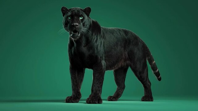 A striking black panther stands alert against a solid green backdrop in a studio setting green screen animal video