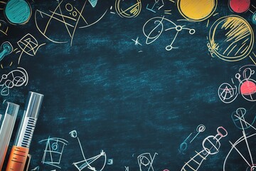 School background with doodle drawings of science and math symbols on a chalkboard texture, border design with copy space