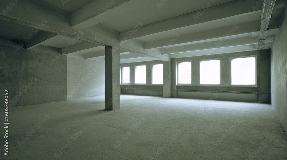 Poster an empty, long concrete hallway with a single window and an open door, emphasizing a stark architect