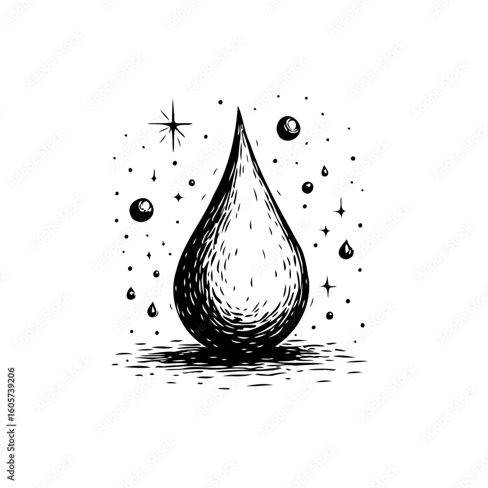 Poster elegant water drop illustration with starry elements creating a whimsical and artistic design compos