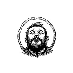 An illustration showcasing a man's portrait radiating with confidence and looking upwards within circular frame, creating striking visual