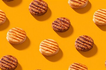 Seamless pattern of grilled meat patties and burger buns. Food background with delicious hamburger components for snack design.