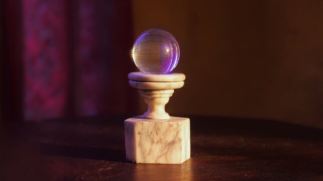 Crystal ball on a marble stand in a dimly lit room with red curtains.