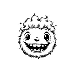 Cartoonish friendly monster with expressive eyes big smile showing teeth isolated on white background artistic cute creature