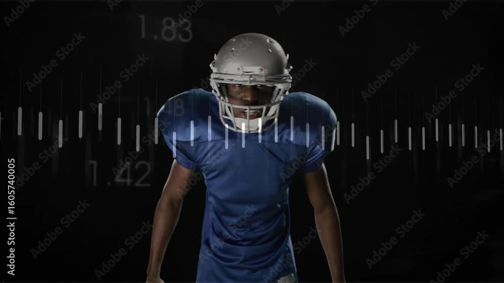 Poster football player entering studio and adjusting chinstrap, activating pulsing waveforms for analysis