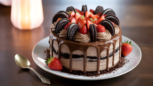 chocolate cake with oreo and strawberry topping