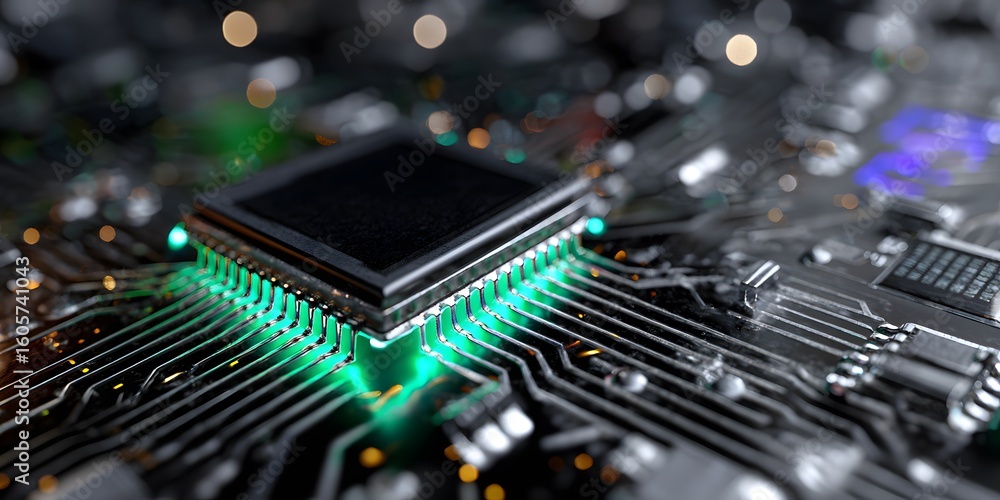 Poster closeup of illuminated microchip on circuit board