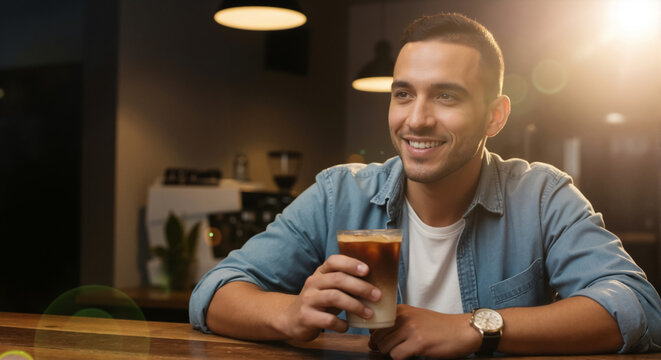 Happy young Hispanic man drinking iced coffee in a cafe. Smiling guy in a denim shirt enjoying a drink at a bar. - Powered by Adobe