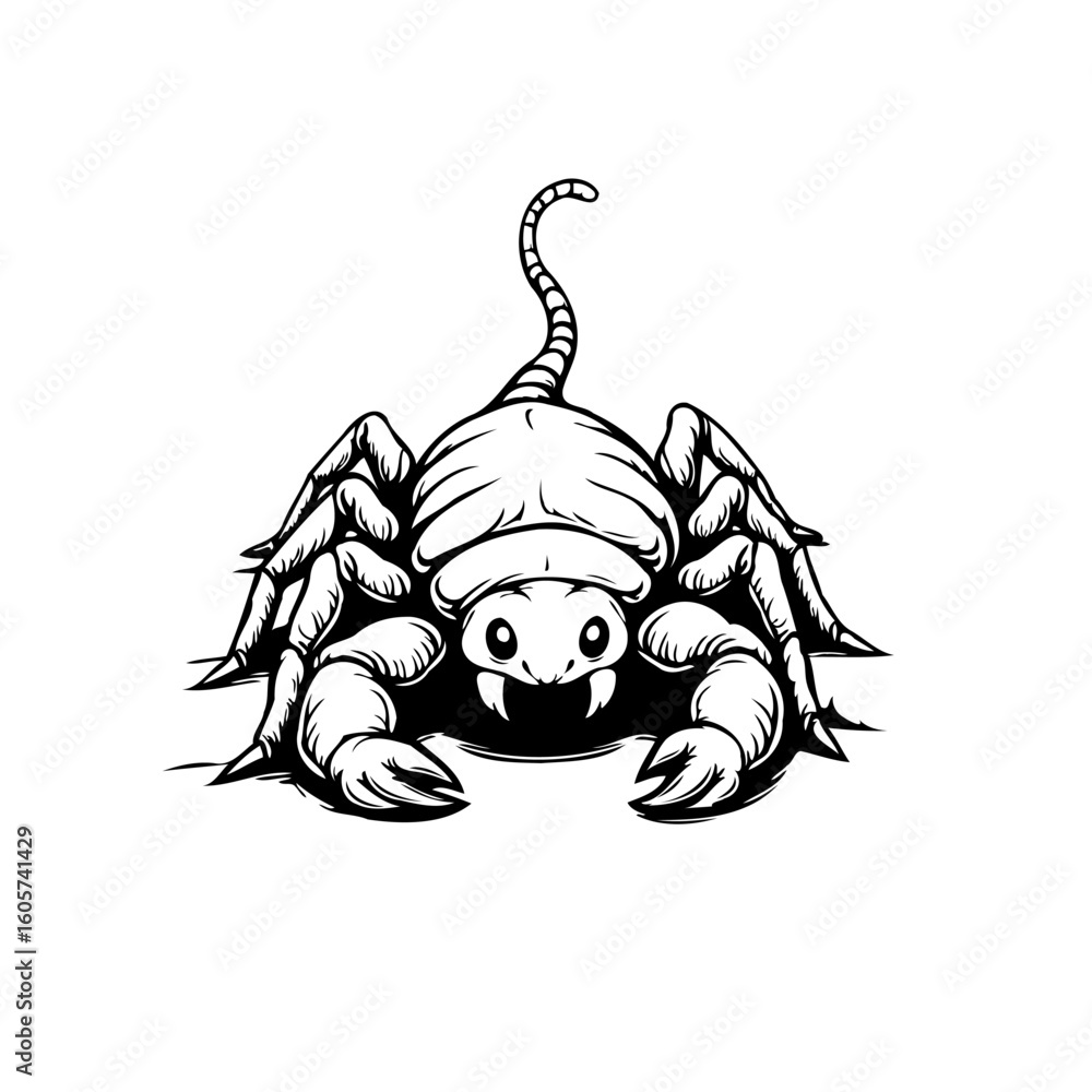 Poster detailed scorpion illustration showcasing intricate linework and playful design elements against a c