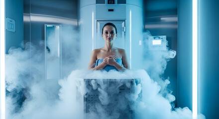 Woman in cryotherapy chamber, surrounded by fog