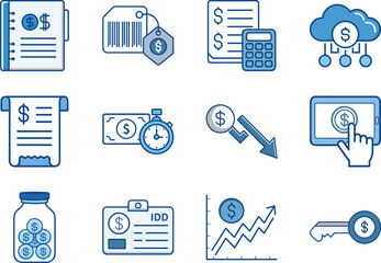 Financial Management and Accounting Icons Set Featuring Budgeting, Invoicing, Tax Calculation, Expense Tracking, Digital Payments, Cloud Finance, Cost Reduction, Investment Reports, and Secure Transac