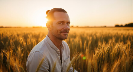 Mature handsome man in a golden wheat field at sunset. Portrait of a smiling middle-aged farmer in a rural setting during harvest.