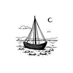 A minimalistic boat on calm water illustration depicting peaceful scenery with a serene lunar sky