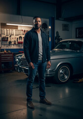 Confident African American man standing in a classic car garage. Full length portrait of a handsome black male mechanic or owner in his workshop. Vertical photo portrait