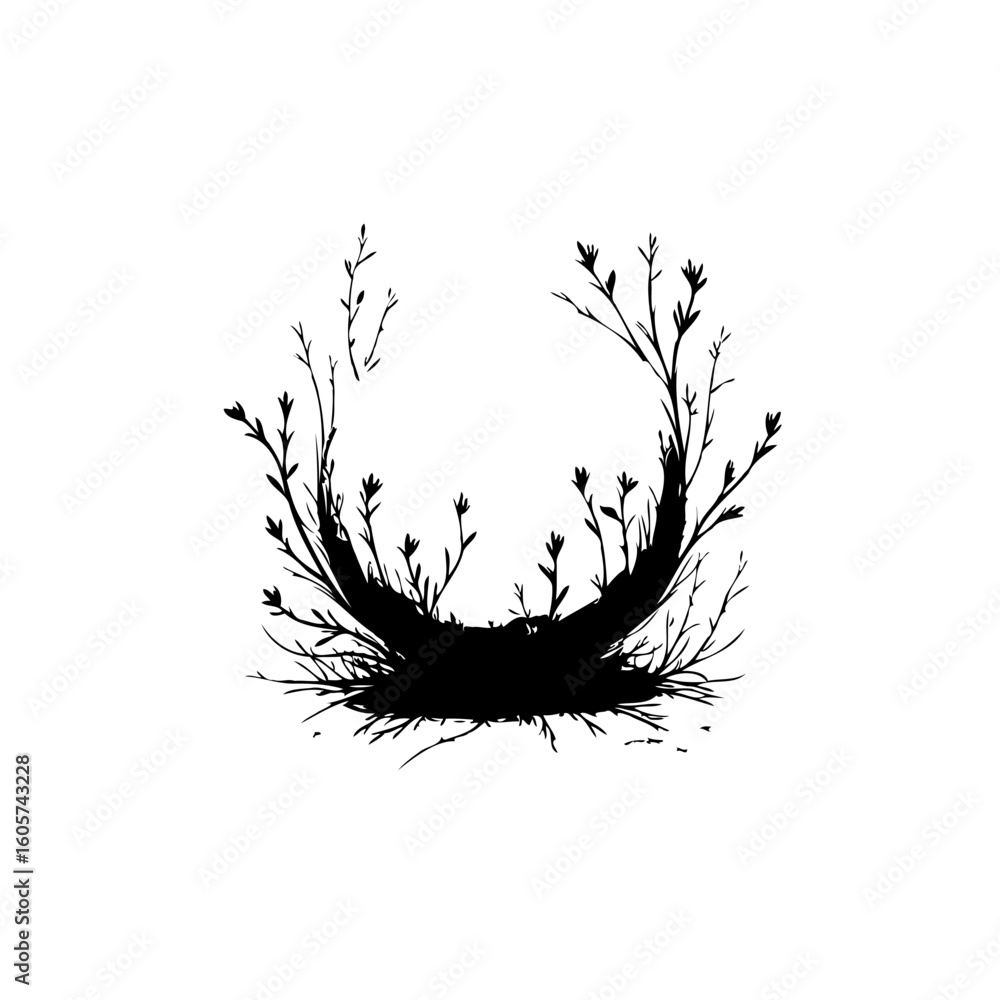 Poster silhouette of crescent moon shape design with floral branches isolated on a white background in vect