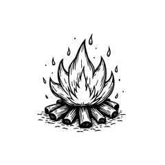 Hand drawn bonfire illustration: campfire with wood logs for summer adventures and cozy evenings