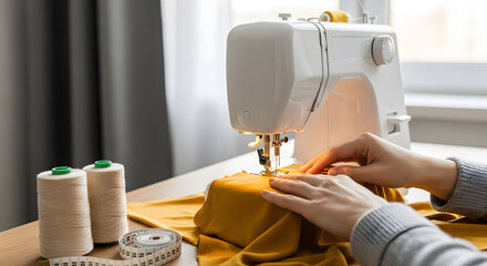 Woman's hands operating a white sewing machine, focused on golden fabric