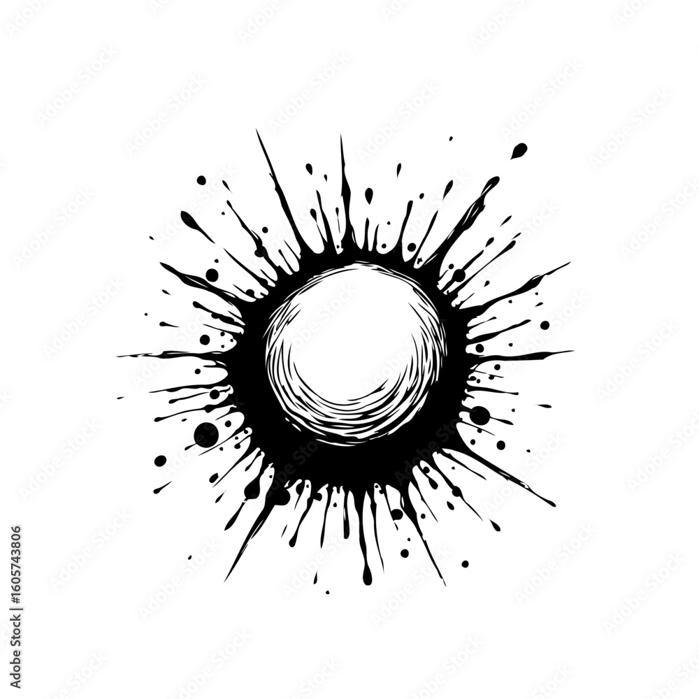 Fototapete abstract black ink splattered design with a circular center creating a dynamic artistic effect