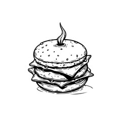 Detailed black and white sketch of a towering cartoon hamburger with dripping cheese and flame on top