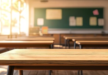 Wooden tabletop with a blurred background of a school classroom interior, high-definition, photorealistic image.