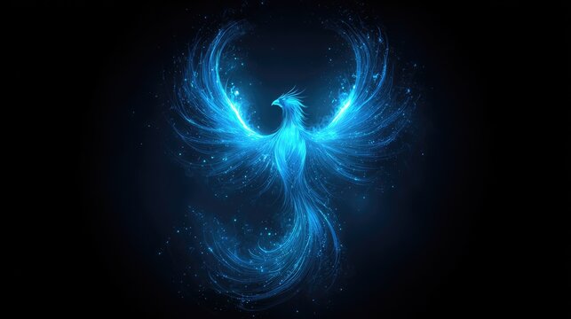 Radiant blue phoenix soaring against a dark backdrop.