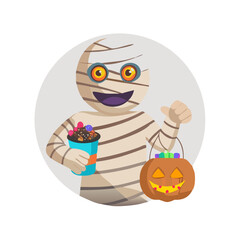 Vector art of a cartoon mummy holds a candy bucket and cup