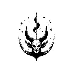 Detailed black and white illustration of a demonic creature with sharp horns and piercing gaze radiating intense energy