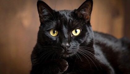 Elegant black cat portrait with striking golden eyes against a brown background