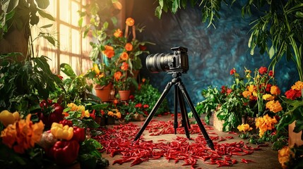 A camera on a tripod amidst colorful vegetables and flowers.
