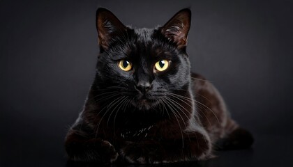 Elegant black cat with striking yellow eyes posing against a dark backdrop