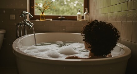 Woman relaxing in a bubble bath with a window and flowers in the background in a cozy bathroom scene