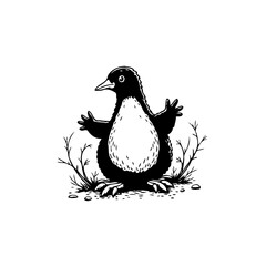Adorable hand drawn penguin illustration standing amongst twigs a whimsical creature in monochrome tones