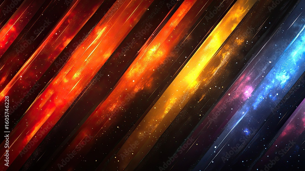 Poster dynamic abstract background with diagonal bands of vibrant colors and star dust