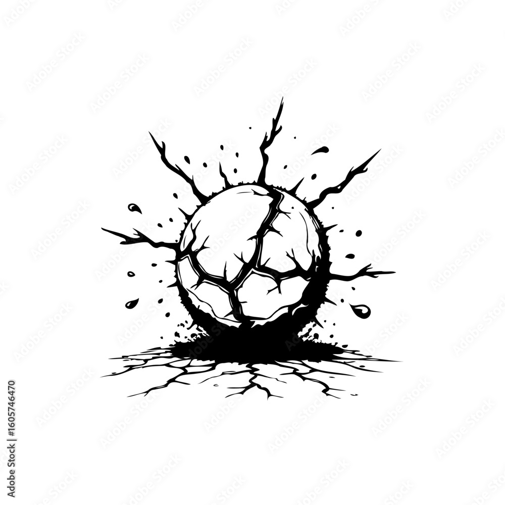 Poster cracked sphere with radiating spikes symbolizing destruction and underlying surface fissures with mi