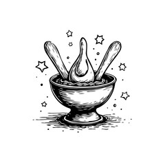 Mystical culinary illustration of bowl with spoons and stars creating a unique and magical dining scene
