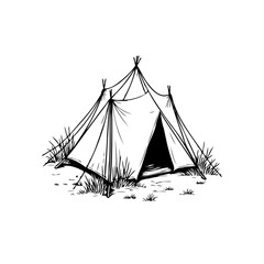 Hand drawn sketch of a camping tent surrounded by grass and small branches in nature adventure