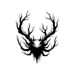 Mystical stag silhouette with tree branches evoking a woodland spirit in black and white minimalist design