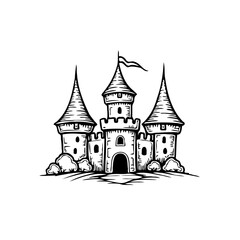 Obraz premium Detailed illustration of a medieval castle with towering spires and fluttering flag conveying timeless grandeur and strength