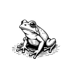 Detailed drawing of a sitting frog in black and white illustration showcasing amphibian beauty with precision