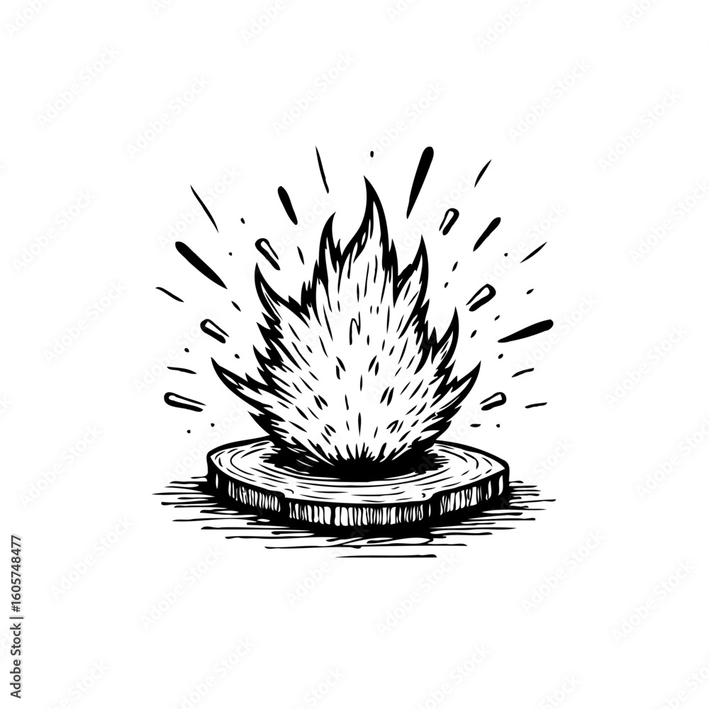 Poster simple sketch of a bonfire with visible flame and rustic platform base in black and white