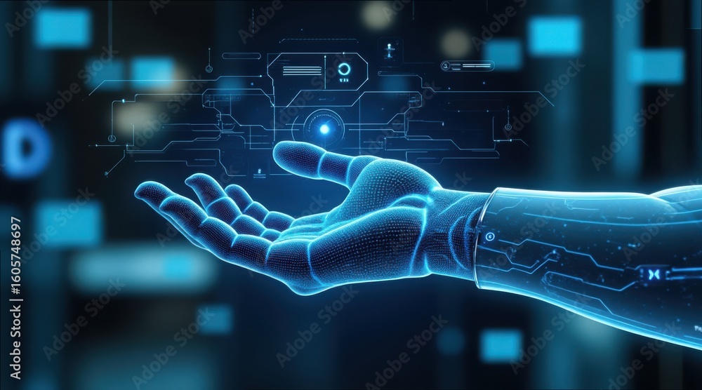 Poster futuristic holographic user interface with synthetic arm floating above