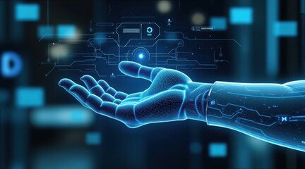 Futuristic Holographic User Interface with Synthetic Arm Floating Above