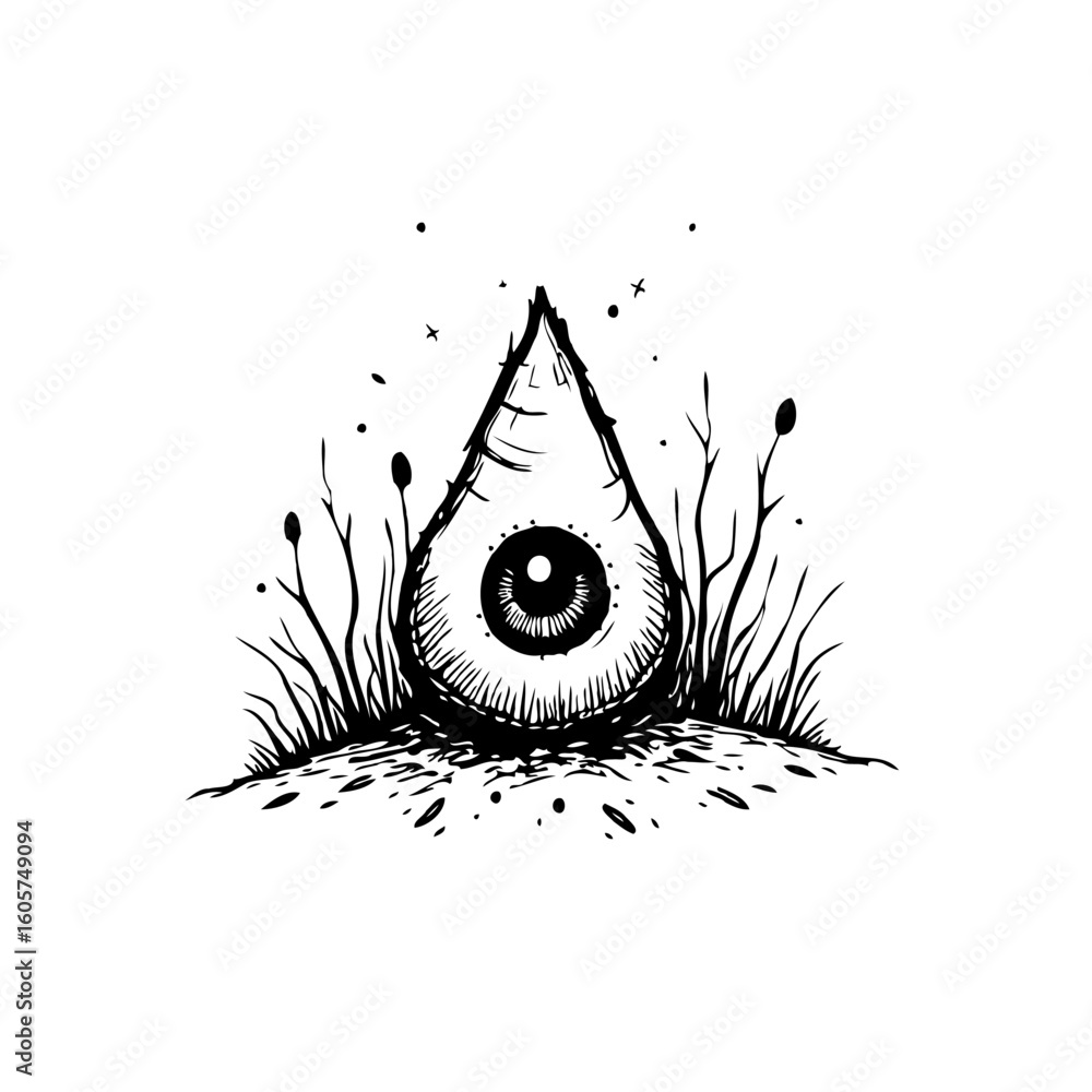 Poster eye-shaped abstract design with a central pupil gazing out surrounded with foliage adding element my